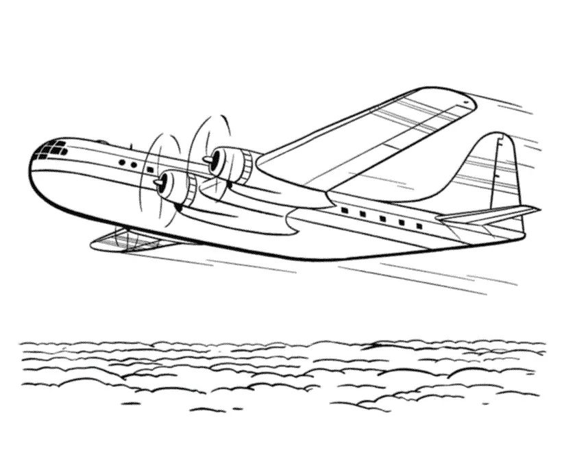 Desenho de um avião de transporte ou comercial clássico de grande porte, com quatro motores de hélice. A aeronave está voando em alta velocidade por cima de uma camada de nuvens.