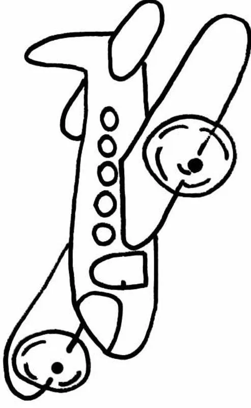 Desenho de um avião de hélice com estilo infantil, caracterizado por traços muito grossos, formas arredondadas e irregulares, ideal para colorir para crianças pequenas.