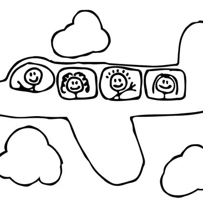 Desenho Simples de Avião de Passageiros com Quatro Crianças em Voo