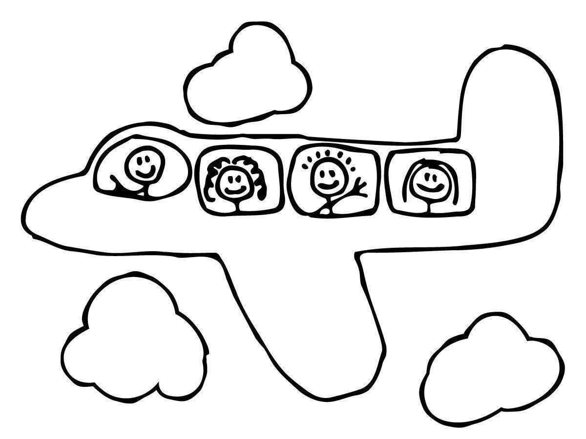 Desenho infantil de um avião a jato, visto de lado, com quatro janelas de passageiros. Quatro crianças (duas meninas e dois meninos) estão desenhadas sorrindo nas janelas, voando entre nuvens.
