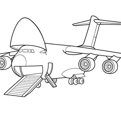 Desenho de um avião de transporte de carga (quadrimotor), com a porta do nariz aberta formando uma rampa. A aeronave possui asas altas, quatro turbinas nas asas e um longo trem de pouso principal.