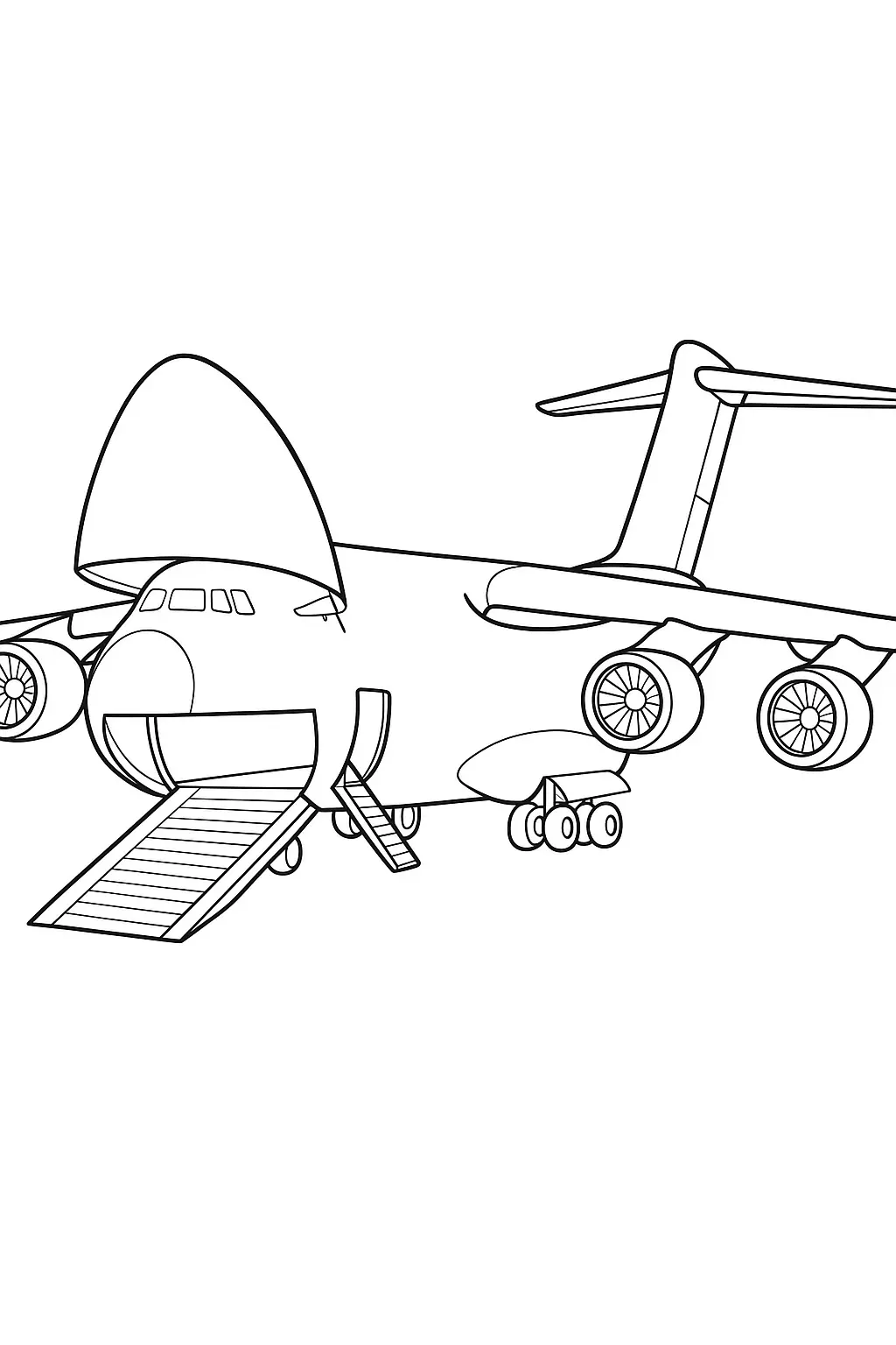 Desenho de um avião de transporte de carga (quadrimotor), com a porta do nariz aberta formando uma rampa. A aeronave possui asas altas, quatro turbinas nas asas e um longo trem de pouso principal.