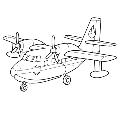 Desenho de um avião bimotor de transporte com asa alta e trem de pouso fixo. A aeronave possui grandes hélices, um emblema de escudo na fuselagem e o desenho de uma chama (fogo) no estabilizador vertical.
