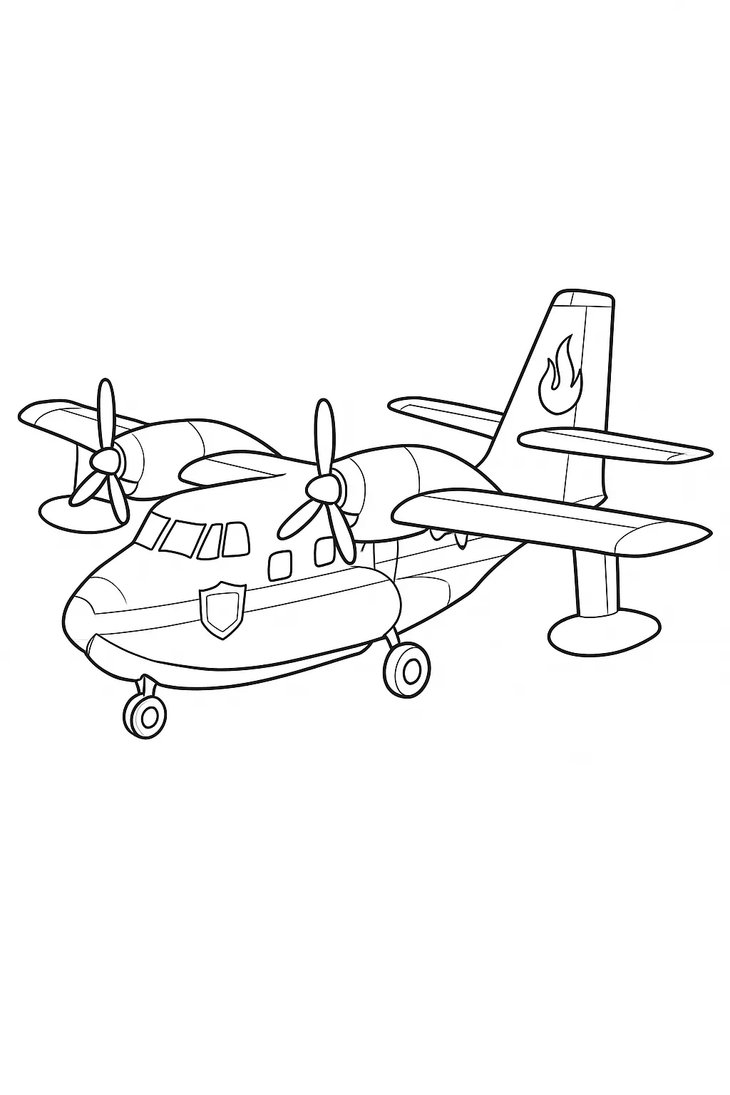 Desenho de um avião bimotor de transporte com asa alta e trem de pouso fixo. A aeronave possui grandes hélices, um emblema de escudo na fuselagem e o desenho de uma chama (fogo) no estabilizador vertical.
