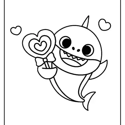 Desenho de contorno em preto e branco do Baby Shark sorrindo, segurando um pirulito grande em formato de coração decorado com um laço, cercado por dois coraçõezinhos flutuantes.