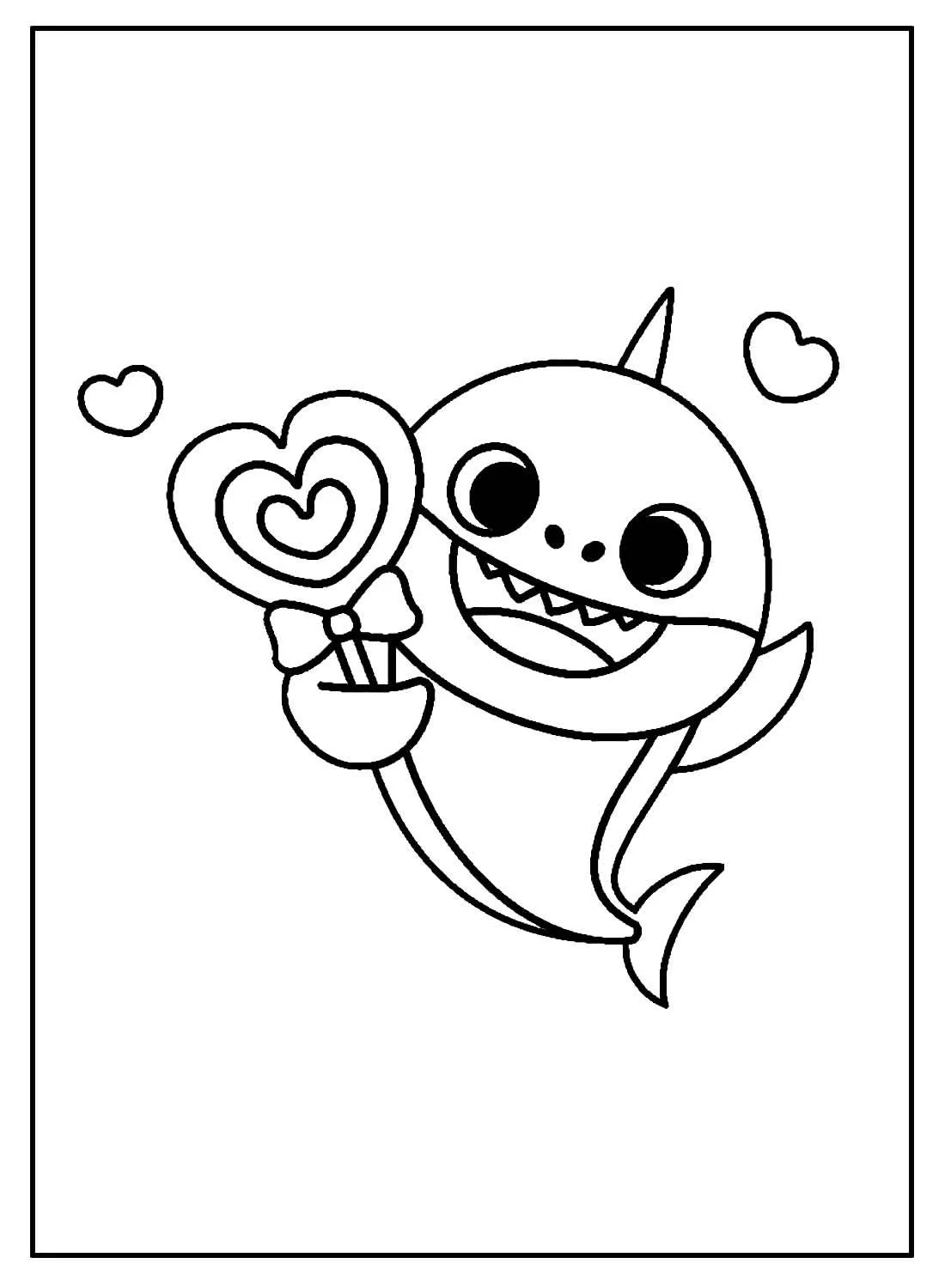 Desenho de contorno em preto e branco do Baby Shark sorrindo, segurando um pirulito grande em formato de coração decorado com um laço, cercado por dois coraçõezinhos flutuantes.