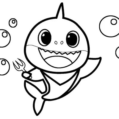 Desenho de contorno em preto e branco do Baby Shark nadando para a direita, segurando um garfo com a nadadeira esquerda e cercado por cinco bolhas de tamanhos diferentes.