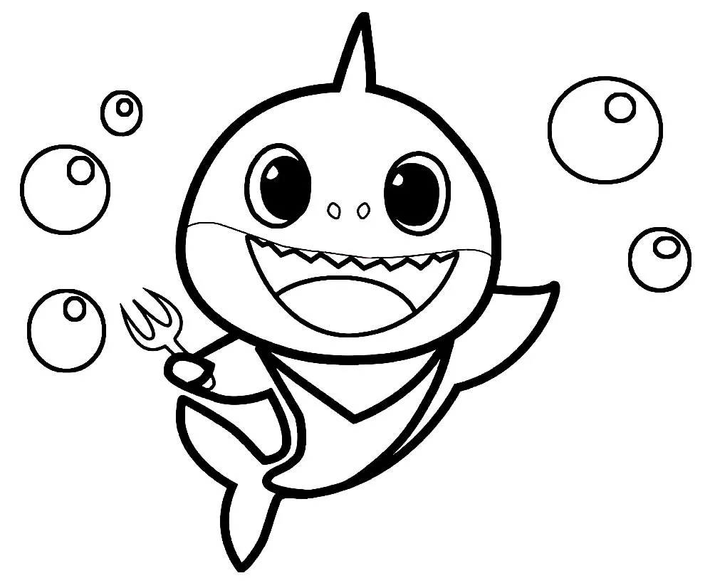 Desenho de contorno em preto e branco do Baby Shark nadando para a direita, segurando um garfo com a nadadeira esquerda e cercado por cinco bolhas de tamanhos diferentes.