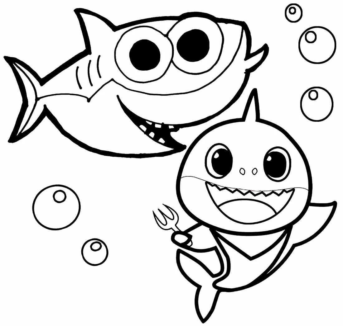 Desenho de contorno em preto e branco do Baby Shark segurando um garfo, acompanhado por um tubarão maior na parte superior e cercado por várias bolhas de ar.