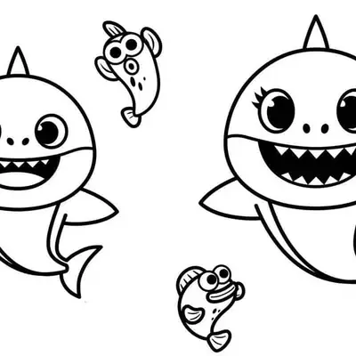 Desenho de contorno em preto e branco mostrando o Baby Shark à esquerda e a Mommy Shark à direita, ambos sorrindo, com dois peixinhos menores nadando entre eles.