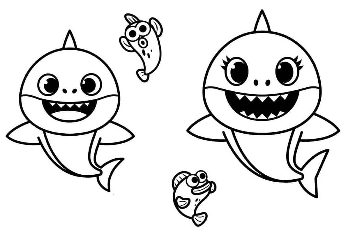 Desenho de contorno em preto e branco mostrando o Baby Shark à esquerda e a Mommy Shark à direita, ambos sorrindo, com dois peixinhos menores nadando entre eles.
