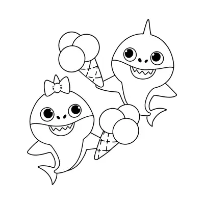 Desenho de contorno em preto e branco da Mommy Shark (com laço) e do Baby Shark, ambos segurando uma casquinha de sorvete com três bolas grandes.