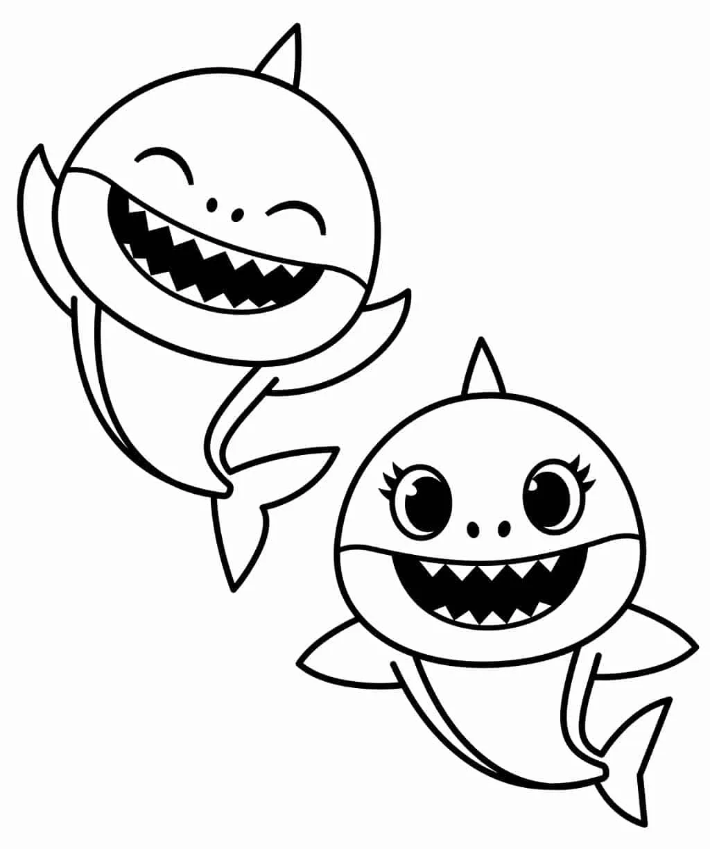 Desenho de contorno em preto e branco do Baby Shark na parte superior, rindo com os olhos fechados, e da Mommy Shark na parte inferior, sorrindo com cílios destacados.