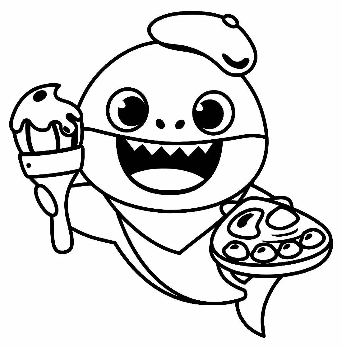 Desenho de contorno em preto e branco do Baby Shark usando uma boina de artista, segurando um pincel grande com tinta em uma nadadeira e uma paleta de cores na outra.