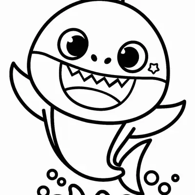 Desenho de contorno em preto e branco do Baby Shark saltando para fora de um pequeno respingo de água, com bolhas ao redor e uma estrela na bochecha.