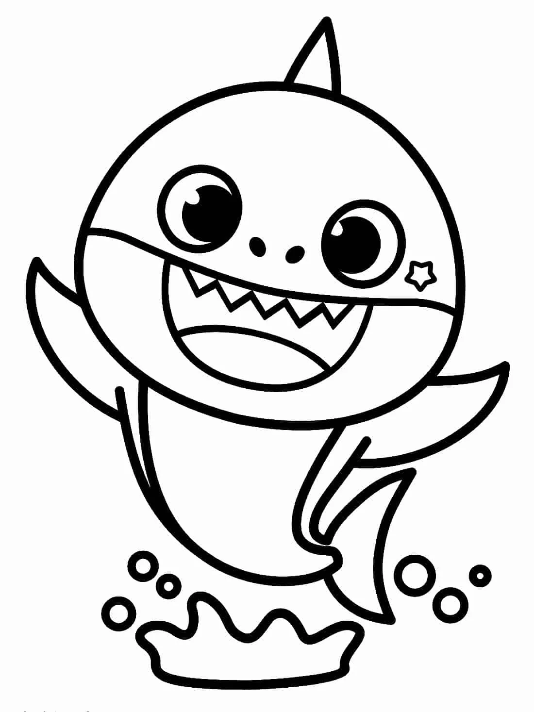 Desenho de contorno em preto e branco do Baby Shark saltando para fora de um pequeno respingo de água, com bolhas ao redor e uma estrela na bochecha.