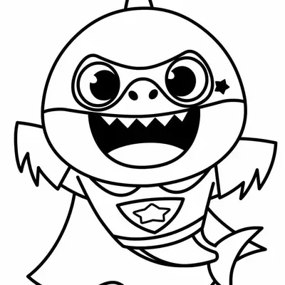 Desenho de contorno em preto e branco do Baby Shark vestido como super-herói: usando uma máscara ao redor dos olhos, uma capa esvoaçante e um traje com emblema de estrela no peito.