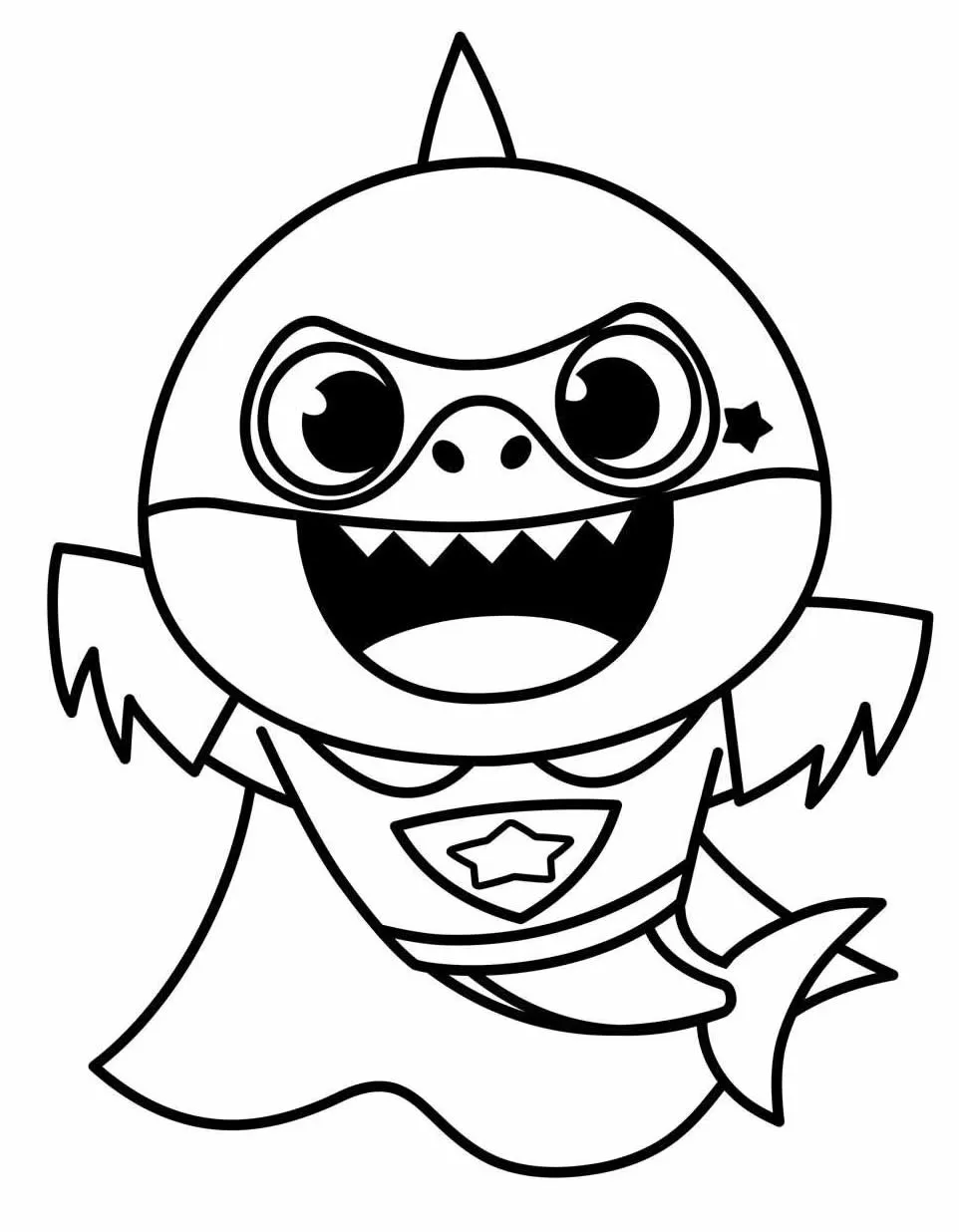 Desenho de contorno em preto e branco do Baby Shark vestido como super-herói: usando uma máscara ao redor dos olhos, uma capa esvoaçante e um traje com emblema de estrela no peito.