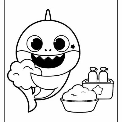 Desenho de contorno em preto e branco do Baby Shark segurando uma esponja de banho, ao lado de uma bacia com espuma e frascos de shampoo.