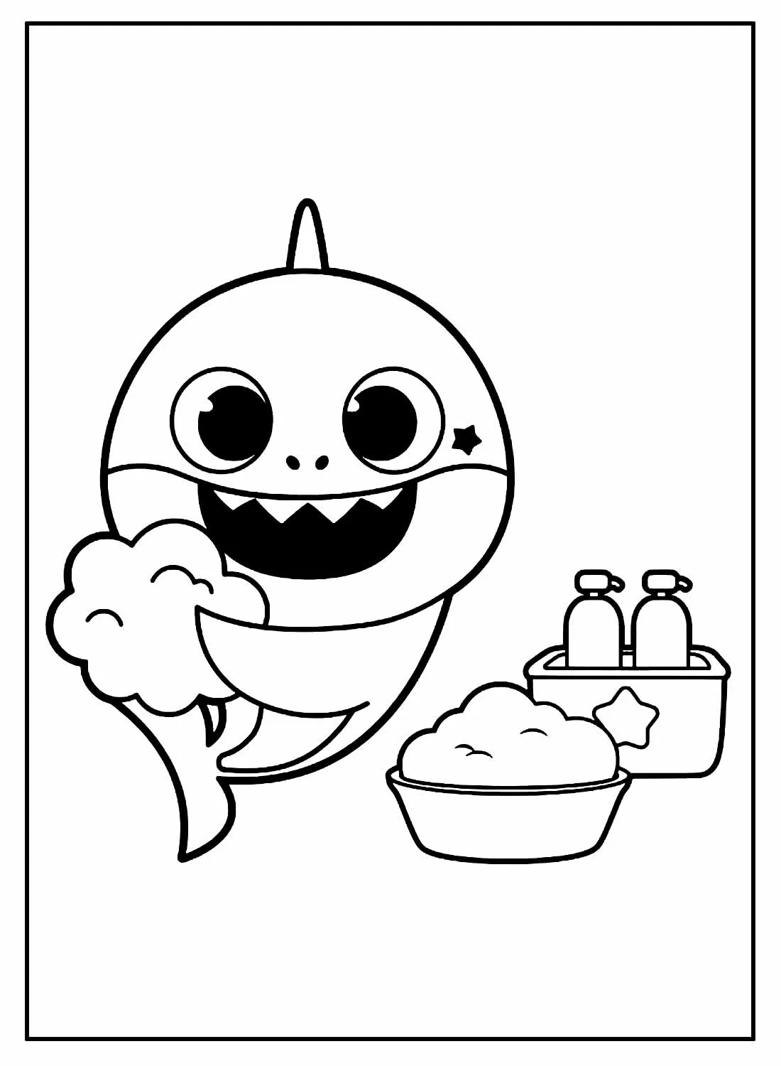 Desenho de contorno em preto e branco do Baby Shark segurando uma esponja de banho, ao lado de uma bacia com espuma e frascos de shampoo.