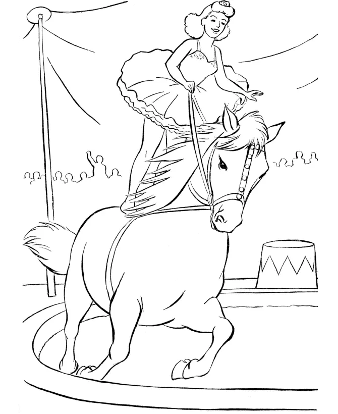 Desenho de contorno de uma bailarina de circo com tutu volumoso, em pé sobre um cavalo que corre em círculos no picadeiro, com a plateia ao fundo.
