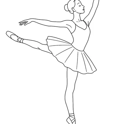 Desenho de contorno preto e branco de uma bailarina de perfil, equilibrada na ponta de um pé, com a outra perna estendida para trás e braços abertos.