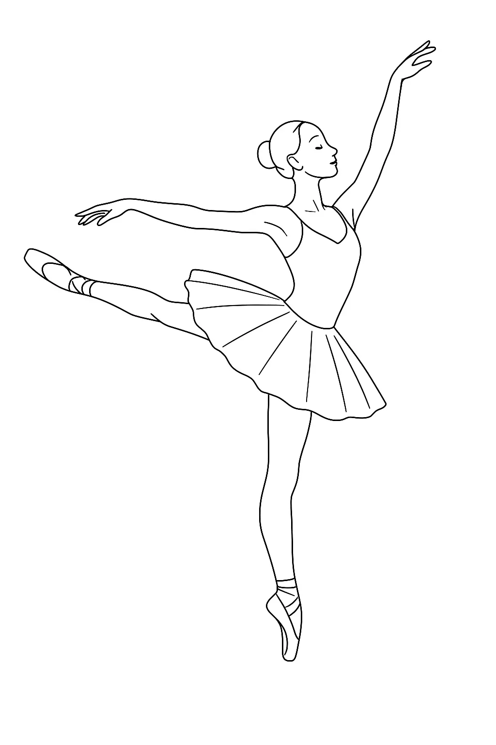 Desenho de contorno preto e branco de uma bailarina de perfil, equilibrada na ponta de um pé, com a outra perna estendida para trás e braços abertos.
