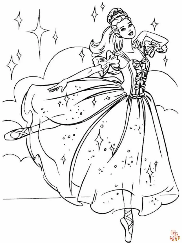 Desenho de contorno da Barbie bailarina com coroa, vestido longo rodado com brilhos, sapatilhas de ponta e estrelas ao fundo.