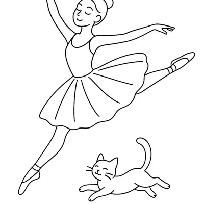 Desenho de contorno preto e branco de uma bailarina saltando com os braços abertos e um gatinho sorridente correndo no chão abaixo dela.