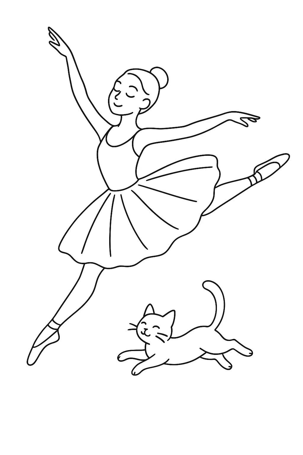 Desenho de contorno preto e branco de uma bailarina saltando com os braços abertos e um gatinho sorridente correndo no chão abaixo dela.
