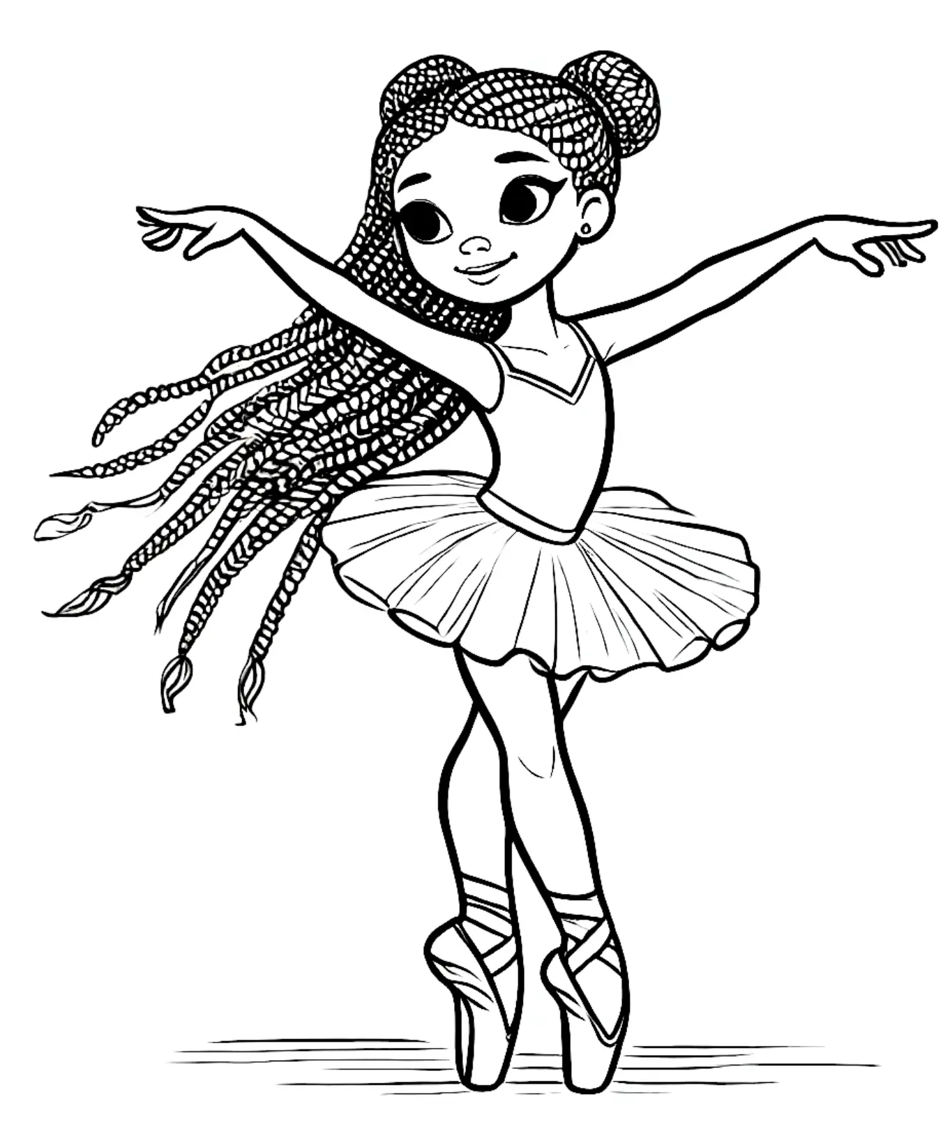 Desenho de contorno de uma bailarina negra com tranças longas e dois coques, usando tutu e sapatilhas de ponta em pose de dança.