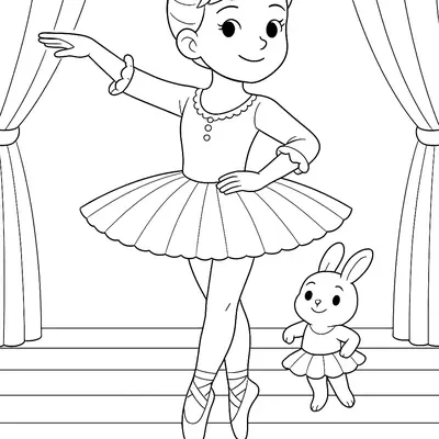 Desenho de contorno preto e branco de uma bailarina sorridente e um pequeno coelho de tutu no palco, entre cortinas de teatro abertas.