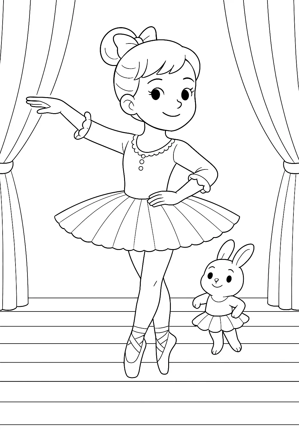 Desenho de contorno preto e branco de uma bailarina sorridente e um pequeno coelho de tutu no palco, entre cortinas de teatro abertas.
