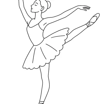 Desenho de contorno de uma bailarina de perfil, com uma perna elevada e flexionada para trás, braço direito erguido e braço esquerdo estendido.