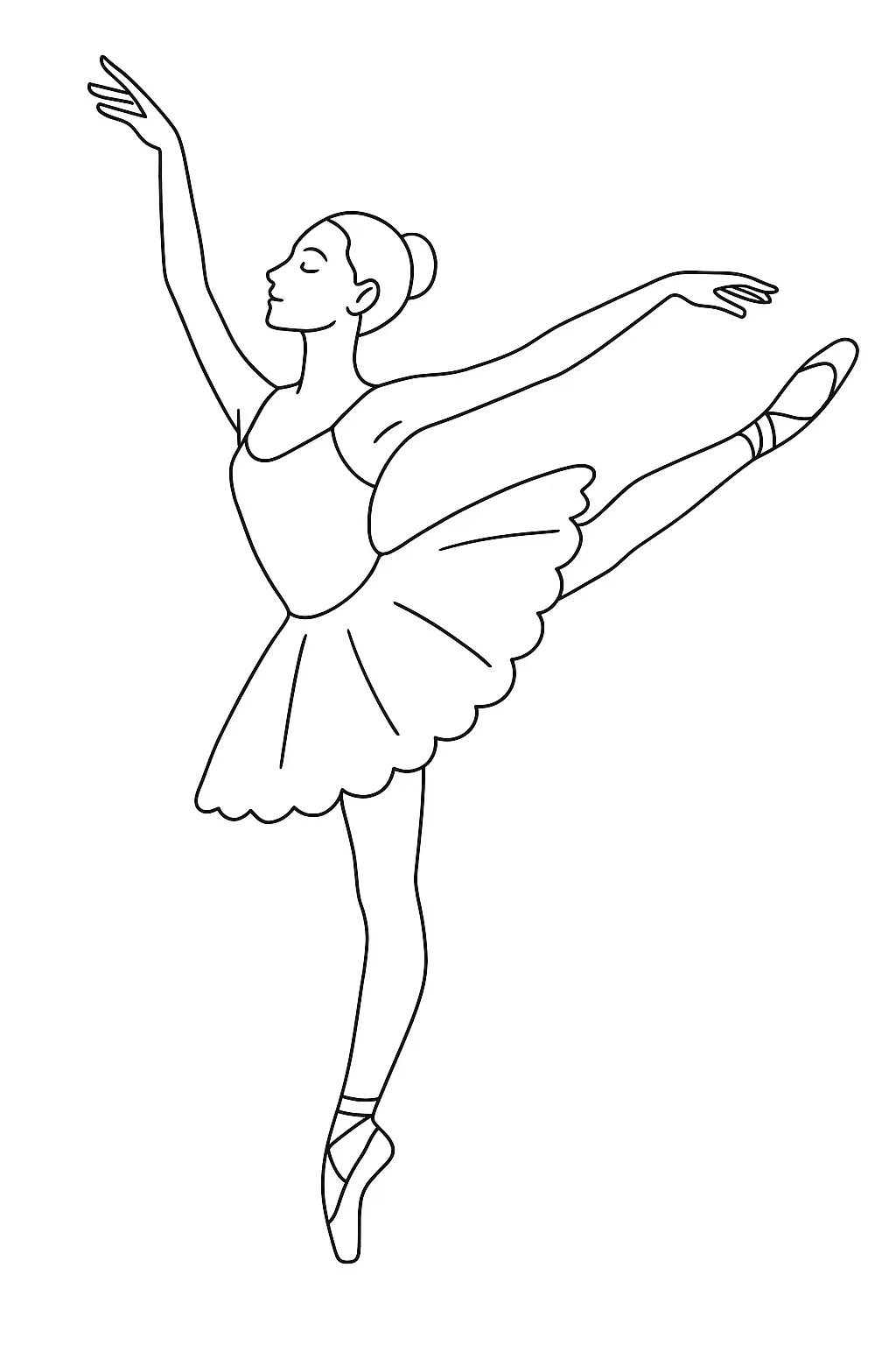 Desenho de contorno de uma bailarina de perfil, com uma perna elevada e flexionada para trás, braço direito erguido e braço esquerdo estendido.