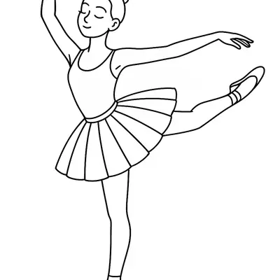 Desenho de contorno em preto e branco de uma bailarina de perfil, com uma perna de apoio na ponta e a outra elevada e dobrada para trás, braços em movimento gracioso.