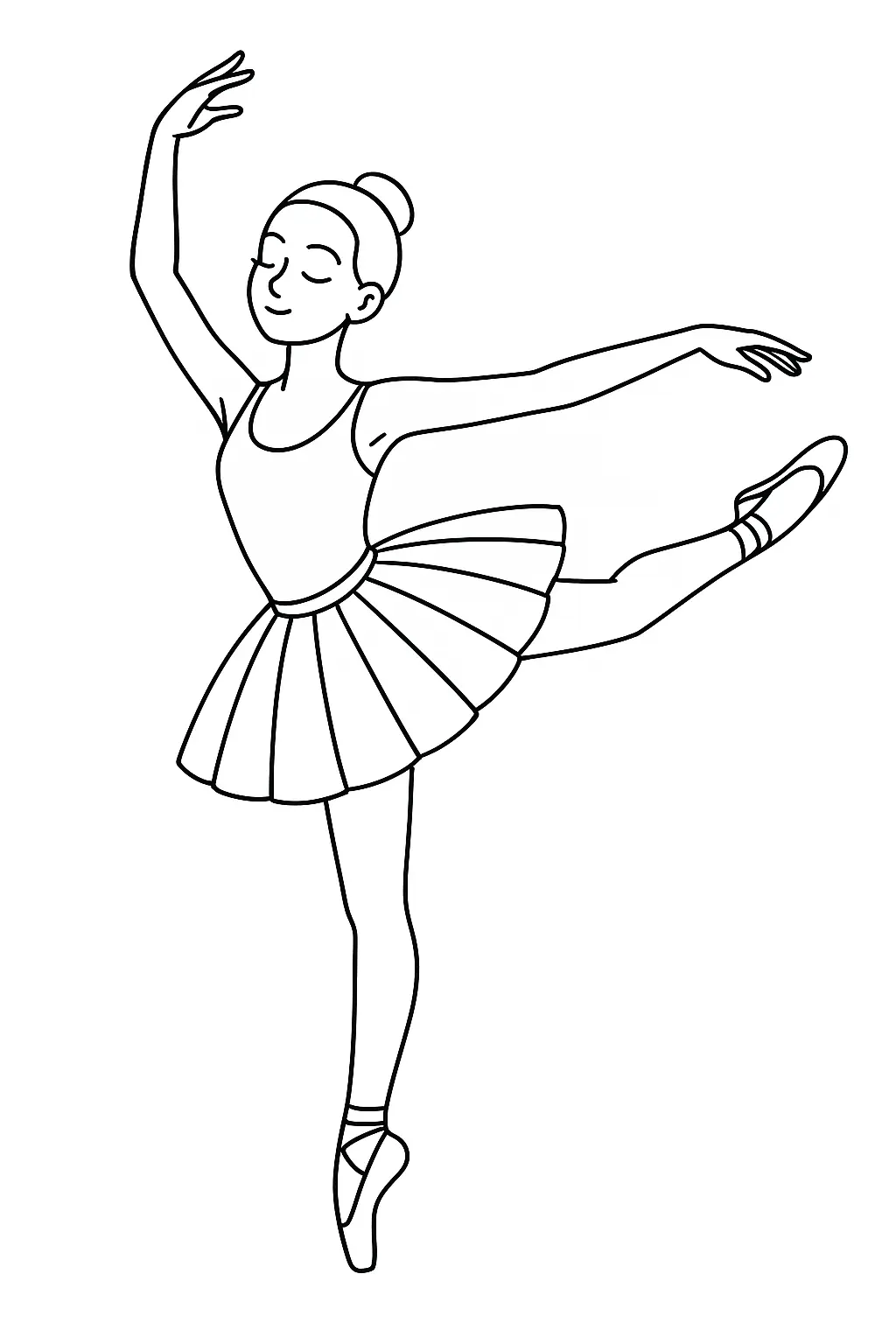 Desenho de contorno em preto e branco de uma bailarina de perfil, com uma perna de apoio na ponta e a outra elevada e dobrada para trás, braços em movimento gracioso.