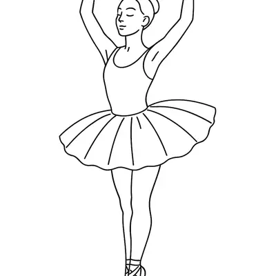 Desenho de contorno em preto e branco de uma bailarina de frente, equilibrada em sapatilhas de ponta, com os braços erguidos formando um arco acima da cabeça e vestindo um tutu.