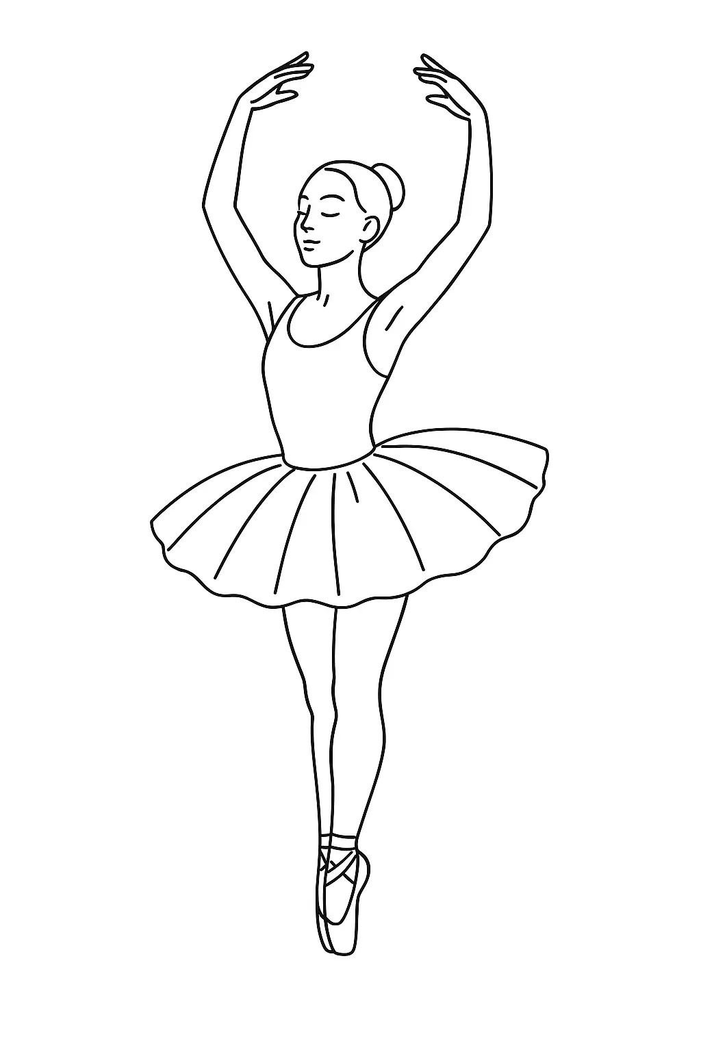 Desenho de contorno em preto e branco de uma bailarina de frente, equilibrada em sapatilhas de ponta, com os braços erguidos formando um arco acima da cabeça e vestindo um tutu.