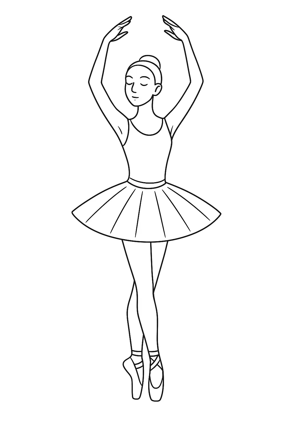 Desenho de contorno preto e branco de uma bailarina de frente, com os pés cruzados em quinta posição, braços erguidos em arco e vestindo um tutu circular.