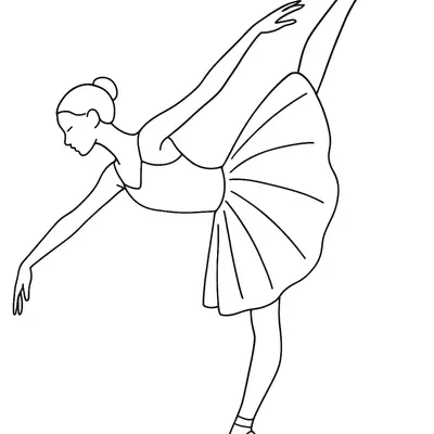 Desenho de contorno em preto e branco de uma bailarina de perfil, equilibrada em uma sapatilha de ponta com a outra perna estendida para o alto e braços abertos.