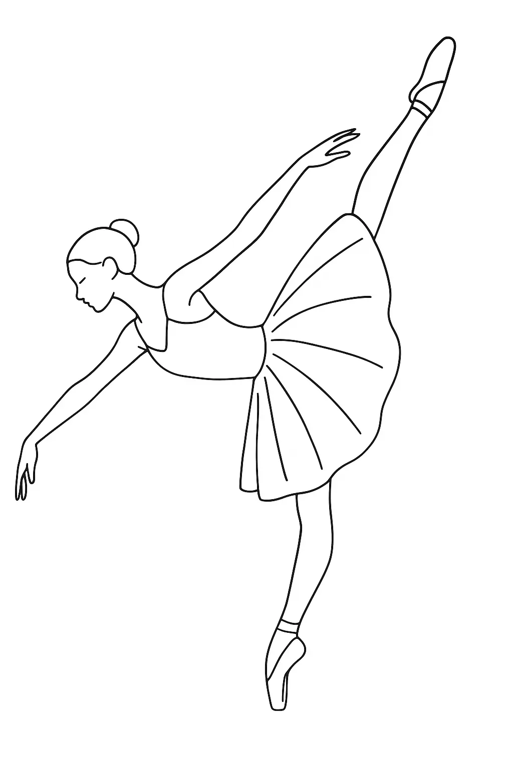 Desenho de contorno em preto e branco de uma bailarina de perfil, equilibrada em uma sapatilha de ponta com a outra perna estendida para o alto e braços abertos.