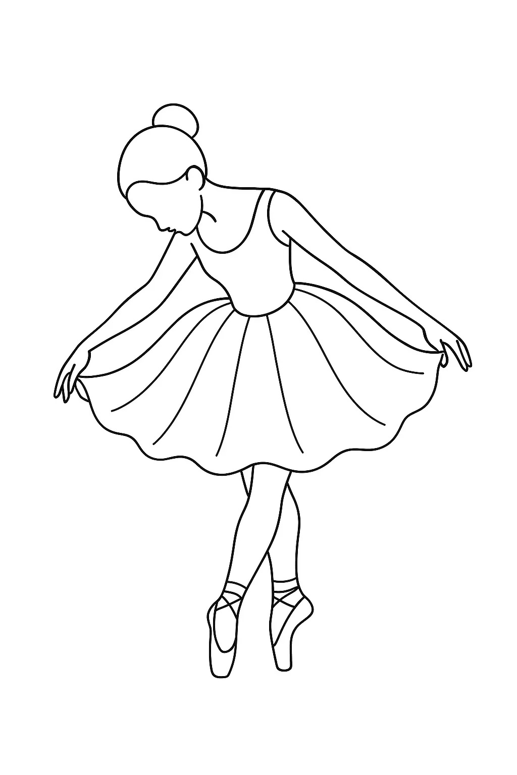 Desenho de linha de uma bailarina curvada para a frente em reverência, com as mãos segurando o tutu, pernas cruzadas em sapatilhas de ponta e cabelo em coque.