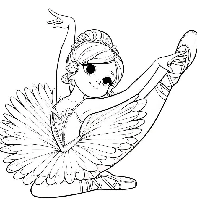 Desenho de contorno de uma bailarina infantil sentada, segurando uma das pernas esticada para cima em um espacato vertical, usando tutu de penas e tiara de flores.
