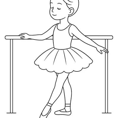 Desenho de contorno em preto e branco de uma bailarina de perfil, com uma mão apoiada em uma barra de ballet, vestindo tutu e sapatilhas.