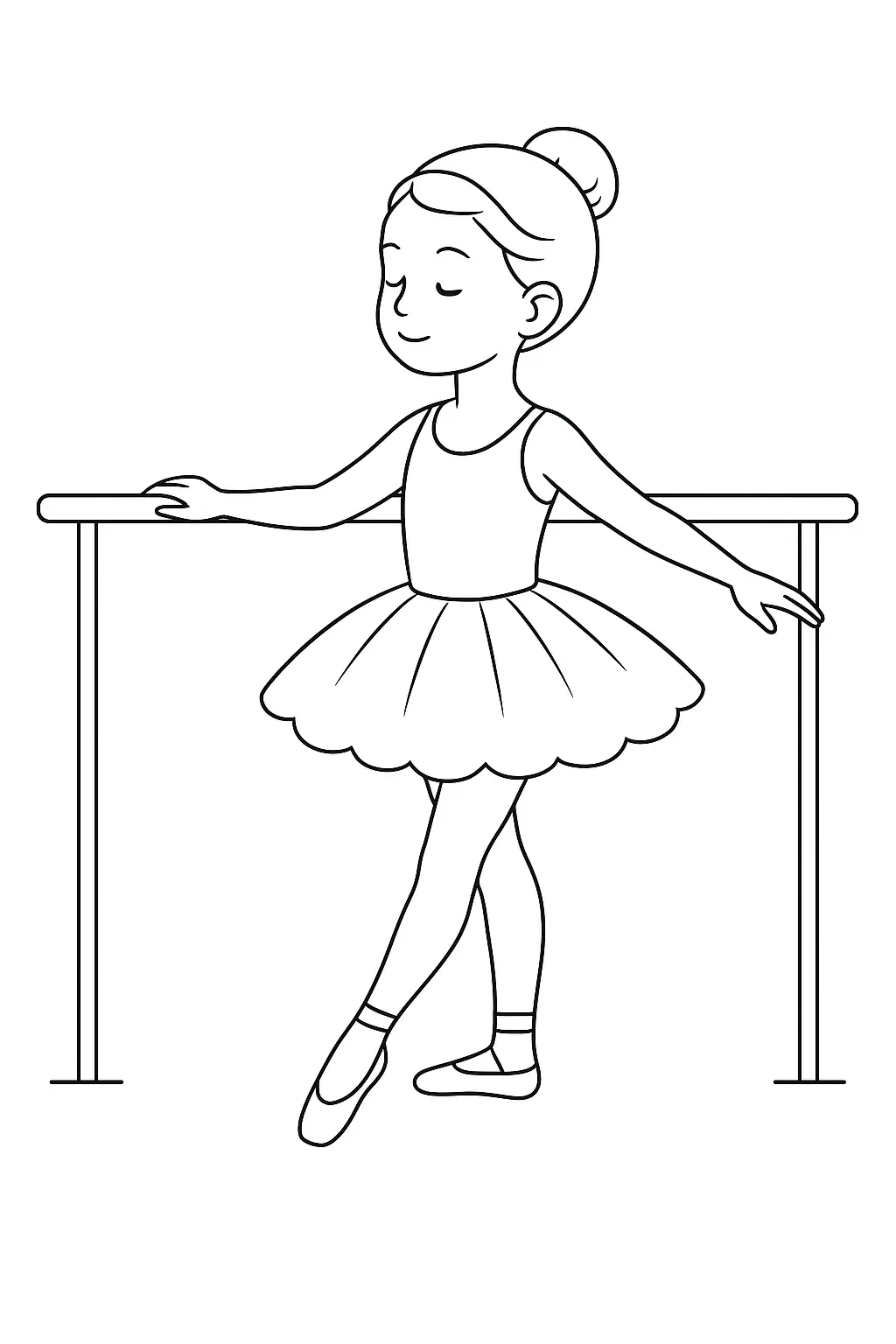 Desenho de contorno em preto e branco de uma bailarina de perfil, com uma mão apoiada em uma barra de ballet, vestindo tutu e sapatilhas.