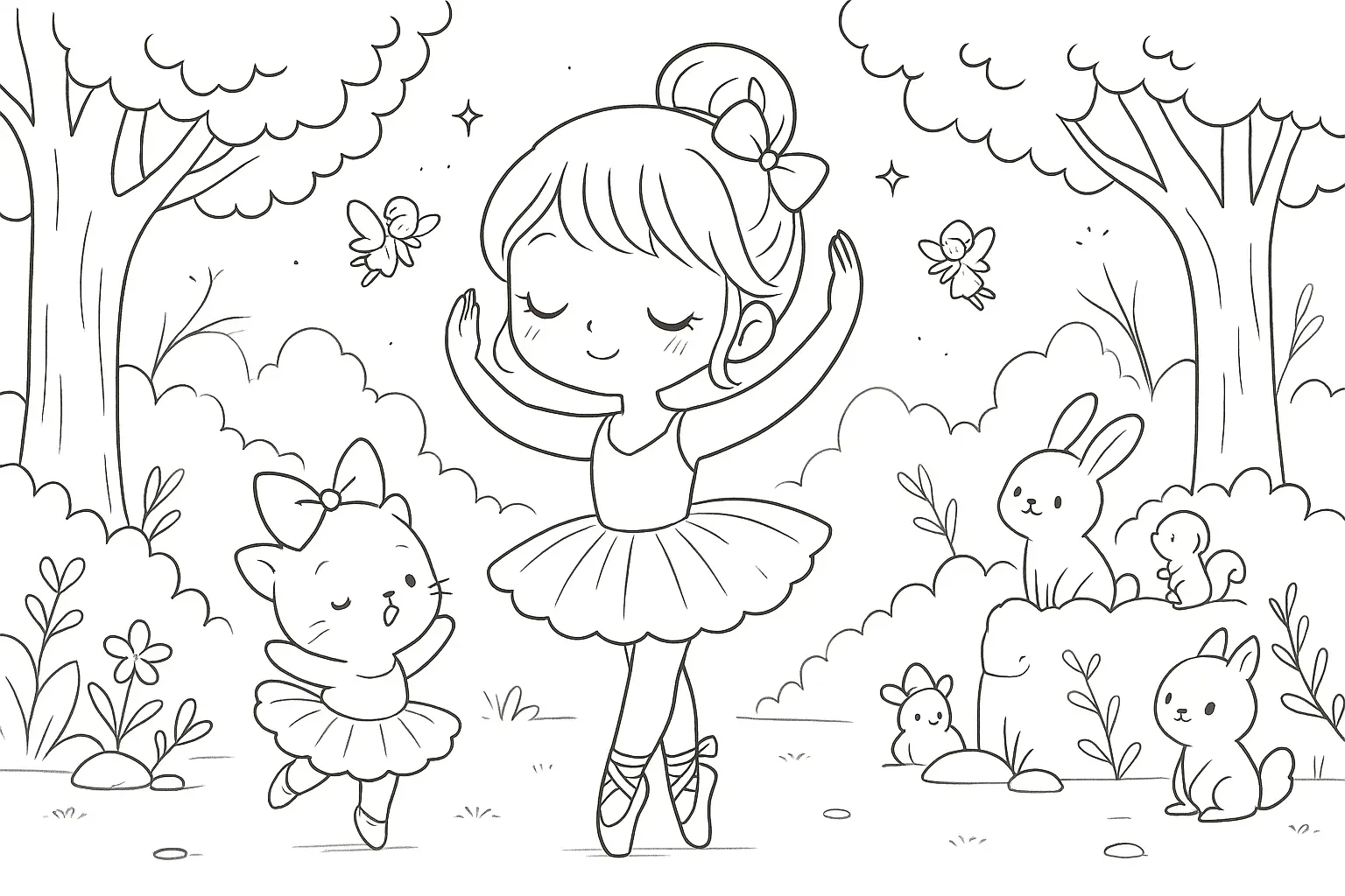 Desenho de contorno de uma bailarina mirim no centro de uma floresta, com um gato de tutu, coelhos, esquilos e fadas voando ao redor.