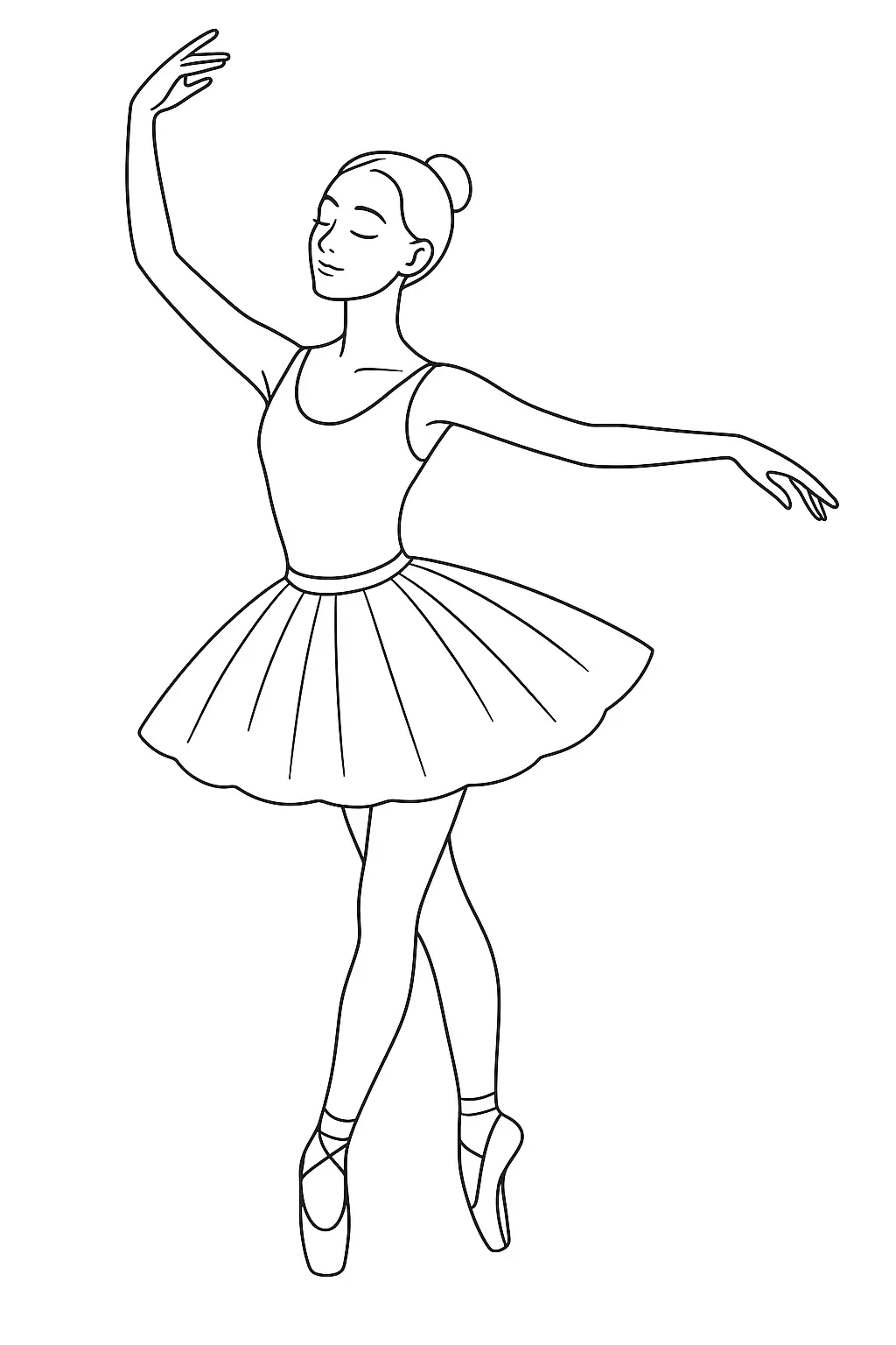 Desenho de contorno em preto e branco de uma bailarina de frente, com o braço direito erguido em arco e o esquerdo estendido lateralmente, usando tutu e coque.