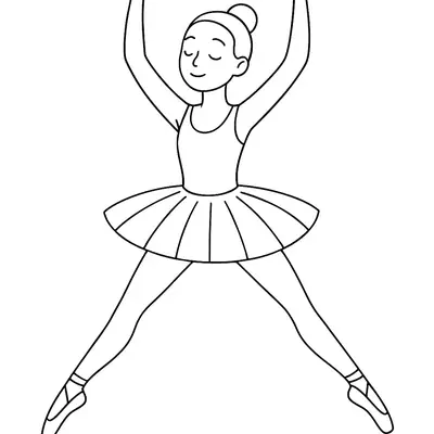 Desenho de contorno em preto e branco de uma bailarina de frente, no ar com as pernas abertas em 