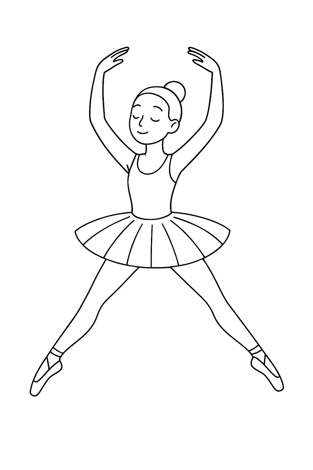 Desenho de contorno em preto e branco de uma bailarina de frente, no ar com as pernas abertas em "V" invertido e braços curvados acima da cabeça.